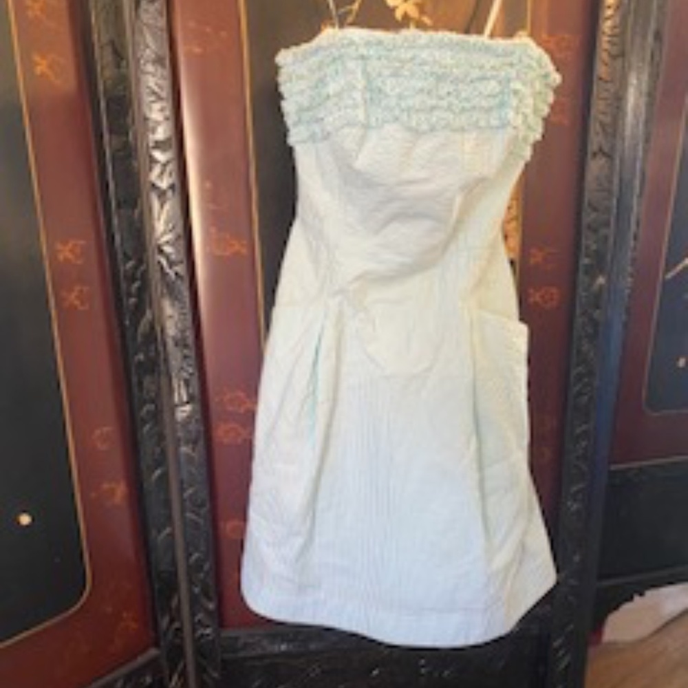 Lilly Pulitzer Strapless White and Blue Seersucker Dress